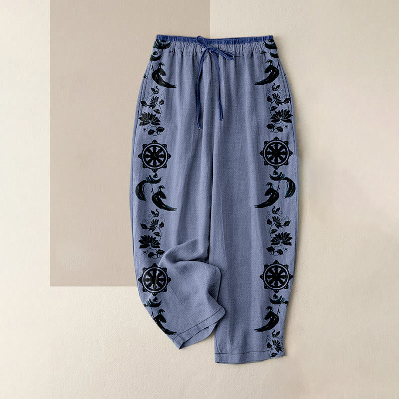 Buddha Stones Cotton Casual Dharma Wheel Lotus OM Pattern Women's Elastic Waist Pants With Pockets - CornflowerBlue - US16,UK/AU20,EU48 (3XL) - image 0