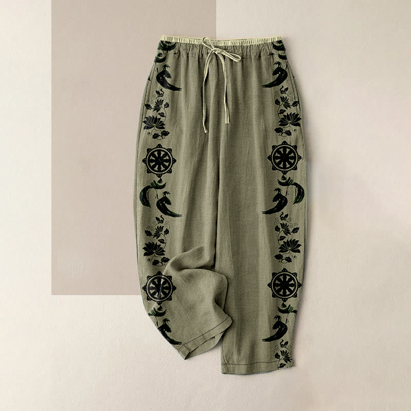 Buddha Stones Cotton Casual Dharma Wheel Lotus OM Pattern Women's Elastic Waist Pants With Pockets - DarkKhaki - US16,UK/AU20,EU48 (3XL) - image 4