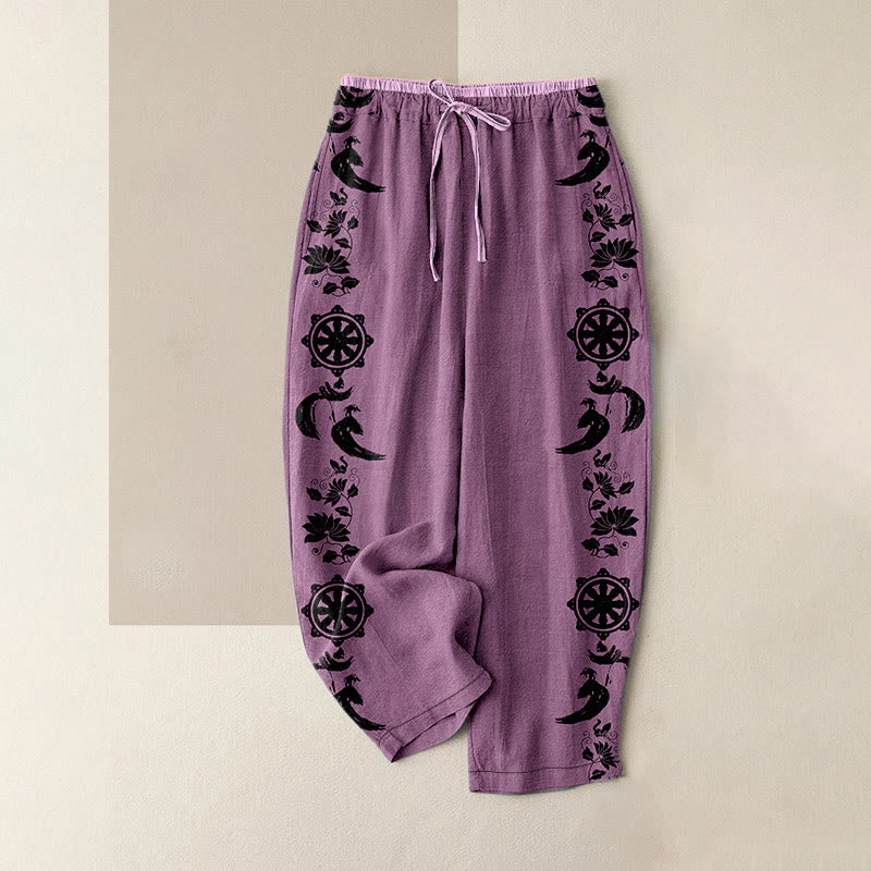 Buddha Stones Cotton Casual Dharma Wheel Lotus OM Pattern Women's Elastic Waist Pants With Pockets - Plum - US16,UK/AU20,EU48 (3XL) - image 5