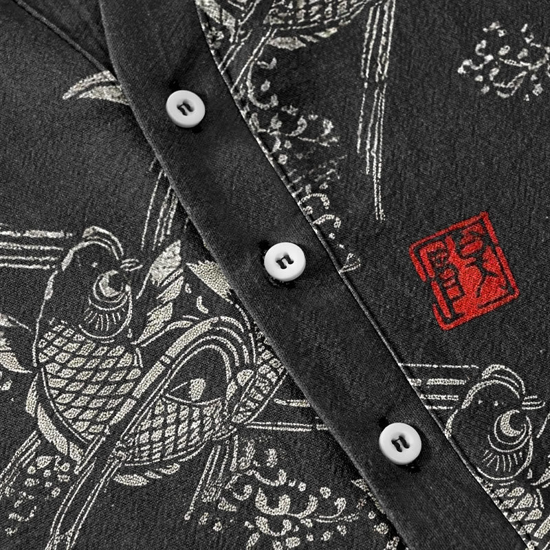 Buddha Stones Cotton Koi Fish Bamboo Pattern Men's Short Sleeve Half Button Shirt - image 3