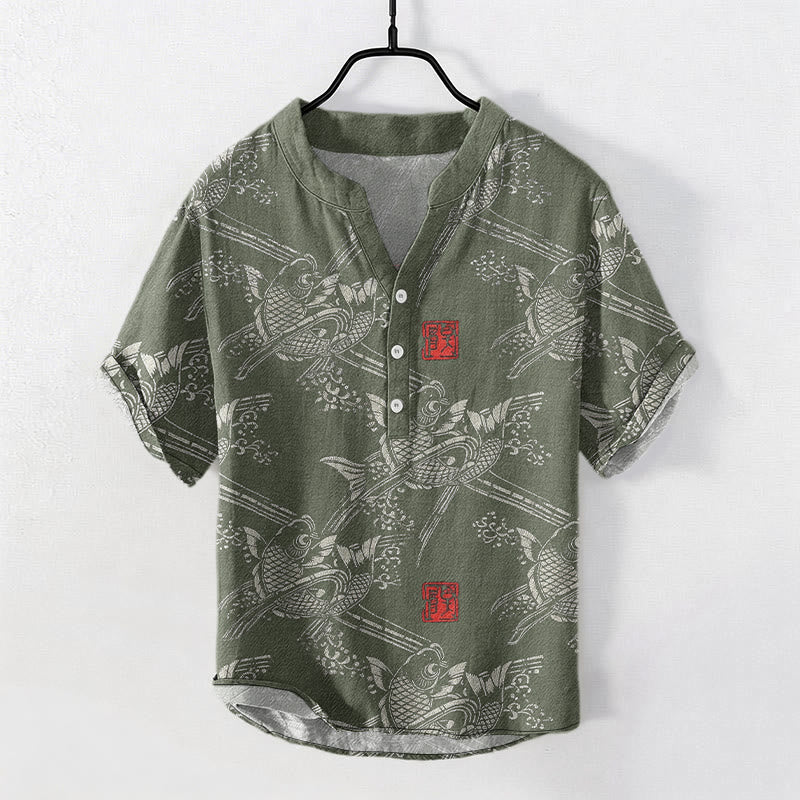 Buddha Stones Cotton Koi Fish Bamboo Pattern Men's Short Sleeve Half Button Shirt - DarkSeaGreen - US/UK/AU50,EU60 (5XL) - image 4
