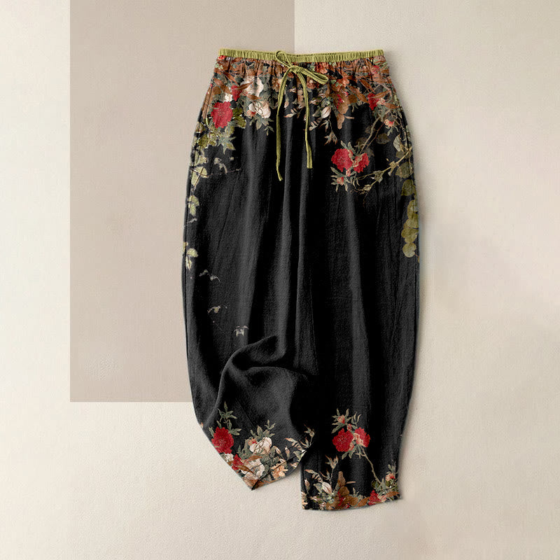 Buddha Stones Cotton Casual Red Peony Flower Vine Design Women's Elastic Waist Pants With Pockets - Black - US16,UK/AU20,EU48 (3XL) - image 0