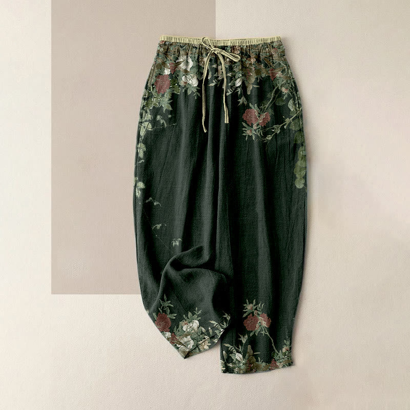 Buddha Stones Cotton Casual Red Peony Flower Vine Design Women's Elastic Waist Pants With Pockets - DarkSeaGreen - US16,UK/AU20,EU48 (3XL) - image 4