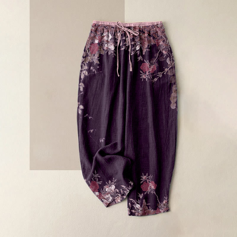 Buddha Stones Cotton Casual Red Peony Flower Vine Design Women's Elastic Waist Pants With Pockets - Purple - US16,UK/AU20,EU48 (3XL) - image 5