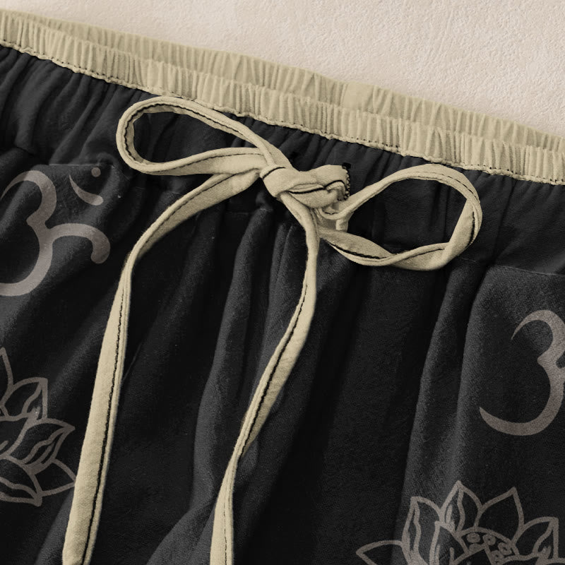Buddha Stones Cotton Casual Lotus Flowers Double Dorje Vajra Namaste Om Design Women's Elastic Waist Pants With Pockets - image 1