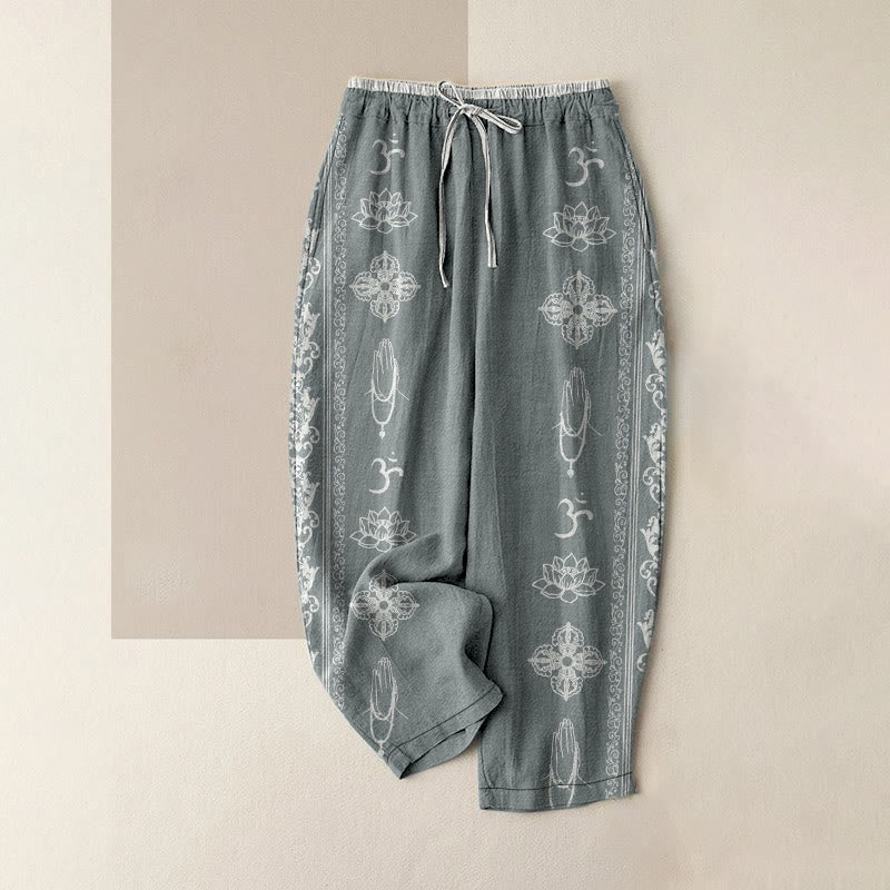 Buddha Stones Cotton Casual Lotus Flowers Double Dorje Vajra Namaste Om Design Women's Elastic Waist Pants With Pockets - CadetBlue - US16,UK/AU20,EU48 (3XL) - image 4