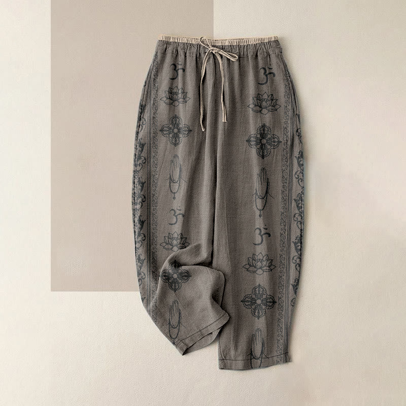 Buddha Stones Cotton Casual Lotus Flowers Double Dorje Vajra Namaste Om Design Women's Elastic Waist Pants With Pockets - DarkKhaki - US16,UK/AU20,EU48 (3XL) - image 5