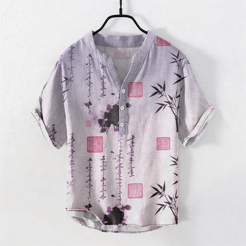 Buddha Stones Cotton Gradient Calligraphy Bamboo Ink Painting Pattern Men's Short Sleeve Half Button Shirt - MediumPurple - US/UK/AU50,EU60 (5XL) - image 6