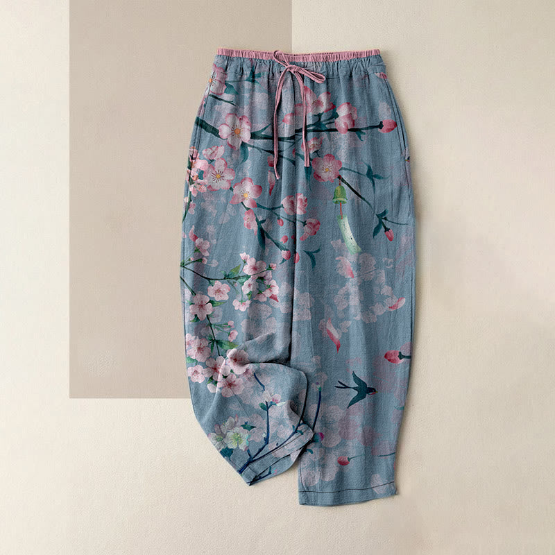Buddha Stones Cotton Casual Peach Blossoms Flying Geese Pattern Women's Elastic Waist Pants With Pockets - CornflowerBlue - US16,UK/AU20,EU48 (3XL) - image 5