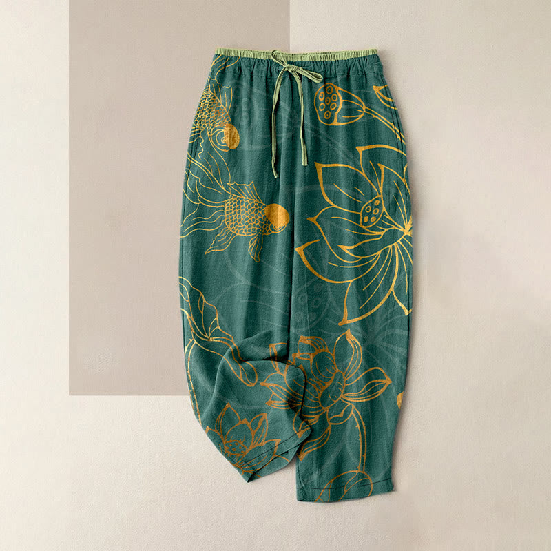 Buddha Stones Cotton Casual Lotus Leaf Koi Fish Pattern Women's Elastic Waist Pants With Pockets - DarkCyan - US16,UK/AU20,EU48 (3XL) - image 0
