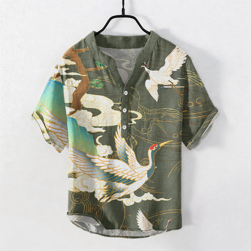 Buddha Stones Cotton Crane Auspicious Clouds Pine Pattern Men's Short Sleeve Half Button Shirt - DarkSeaGreen - US/UK/AU50,EU60 (5XL) - image 6