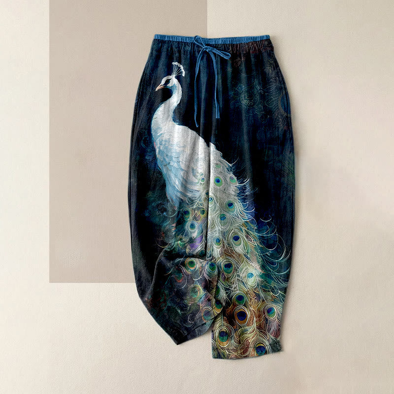 Buddha Stones Cotton Casual Gorgeous Peacock Pattern Women's Elastic Waist Pants With Pockets - MidnightBlue - US16,UK/AU20,EU48 (3XL) - image 0