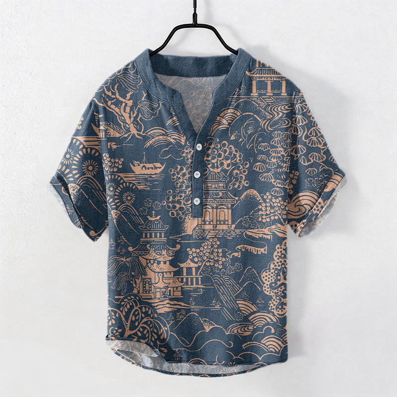 Buddha Stones Cotton Nature Towers Landscape Pattern Men's Short Sleeve Half Button Shirt - SteelBlue - US/UK/AU50,EU60 (5XL) - image 4