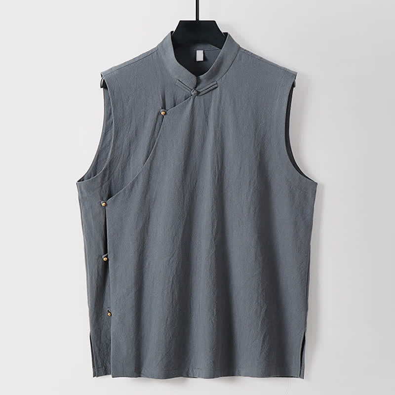 Buddha Stones Summer Solid Color Stand Collar Frog-Button Men's Cotton Linen Sleeveless Vest - LightSlateGray - US/UK/AU56,EU66(9XL) - image 10