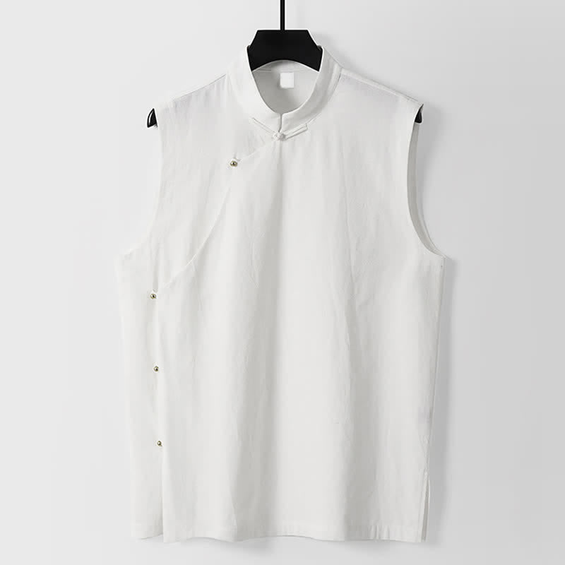 Buddha Stones Summer Solid Color Stand Collar Frog-Button Men's Cotton Linen Sleeveless Vest - White - US/UK/AU56,EU66(9XL) - image 8