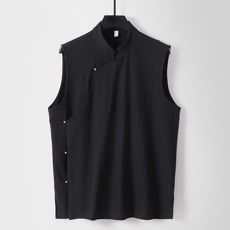 Buddha Stones Summer Solid Color Stand Collar Frog-Button Men's Cotton Linen Sleeveless Vest - Black - US/UK/AU56,EU66(9XL) - image 12