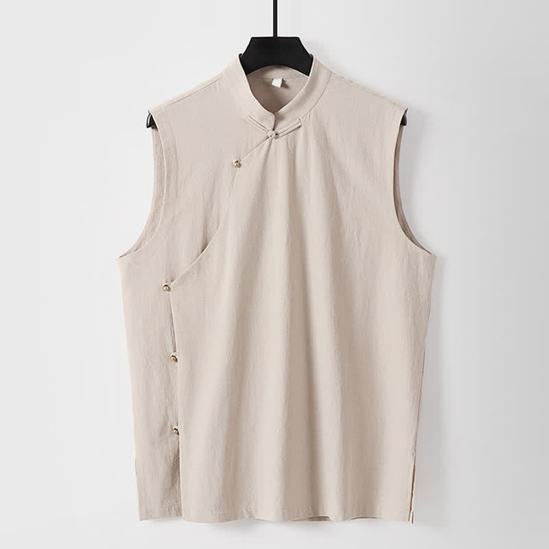 Buddha Stones Summer Solid Color Stand Collar Frog-Button Men's Cotton Linen Sleeveless Vest - OldLace - US/UK/AU56,EU66(9XL) - image 14