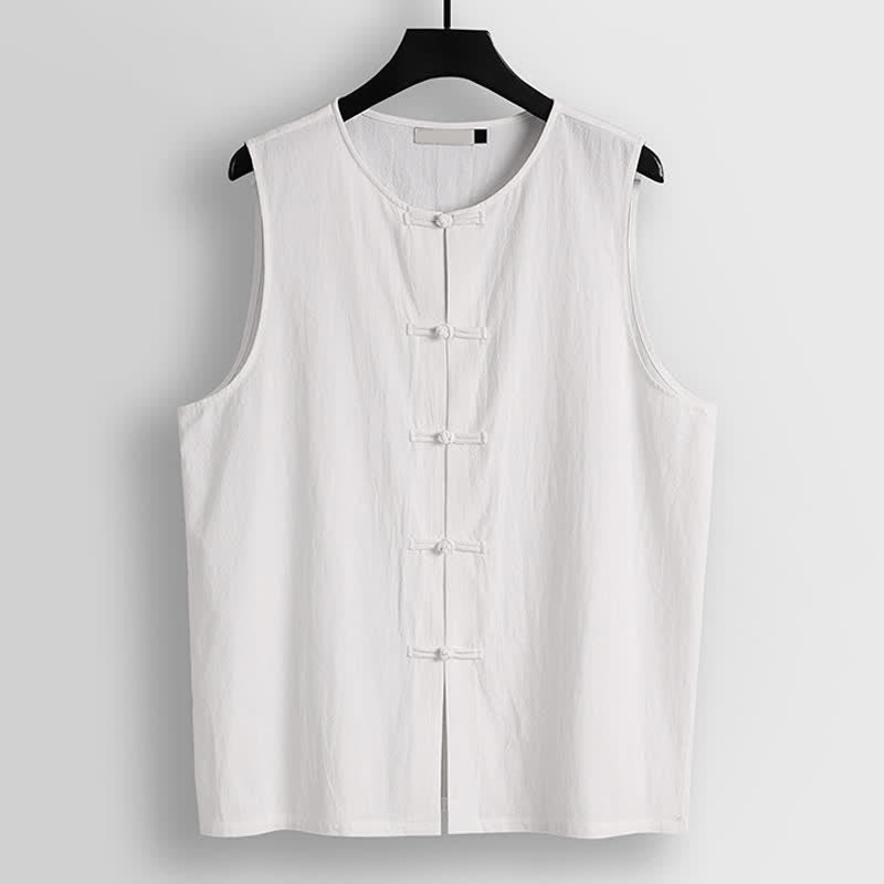 Buddha Stones Retro Frog-Button Crew Neck Men's Cotton Linen Sleeveless Vest - White - US/UK/AU56,EU66(9XL) - image 7