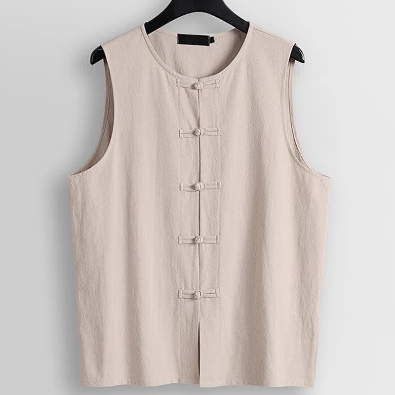 Buddha Stones Retro Frog-Button Crew Neck Men's Cotton Linen Sleeveless Vest - BlanchedAlmond - US/UK/AU56,EU66(9XL) - image 0