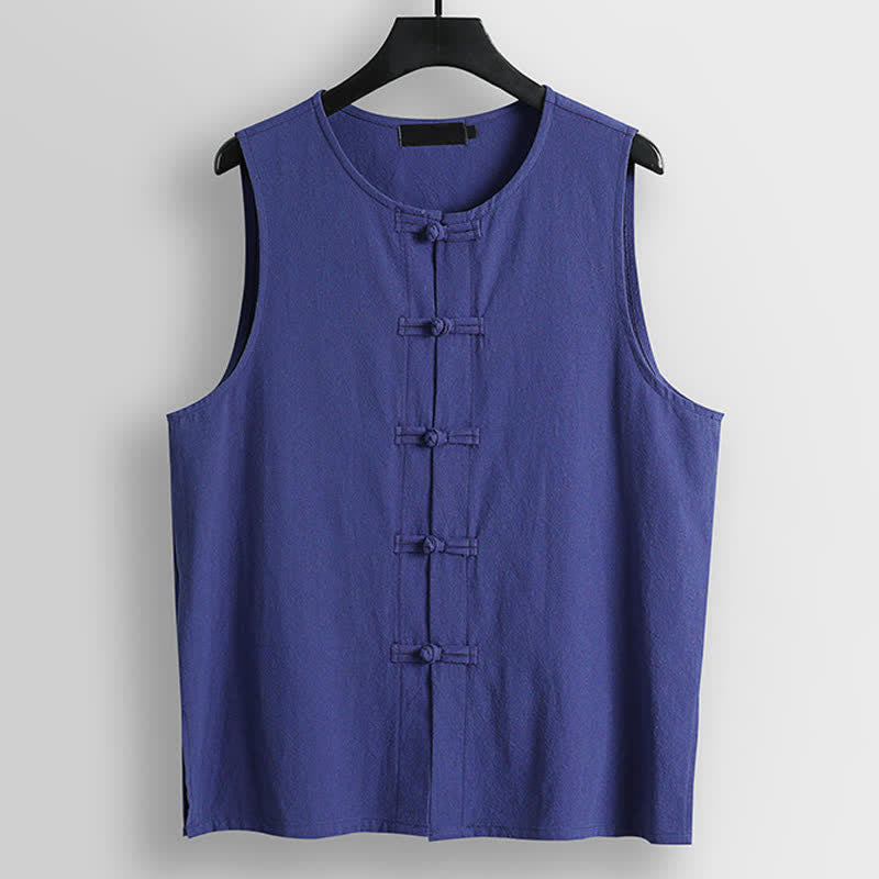 Buddha Stones Retro Frog-Button Crew Neck Men's Cotton Linen Sleeveless Vest - SlateBlue - US/UK/AU56,EU66(9XL) - image 10