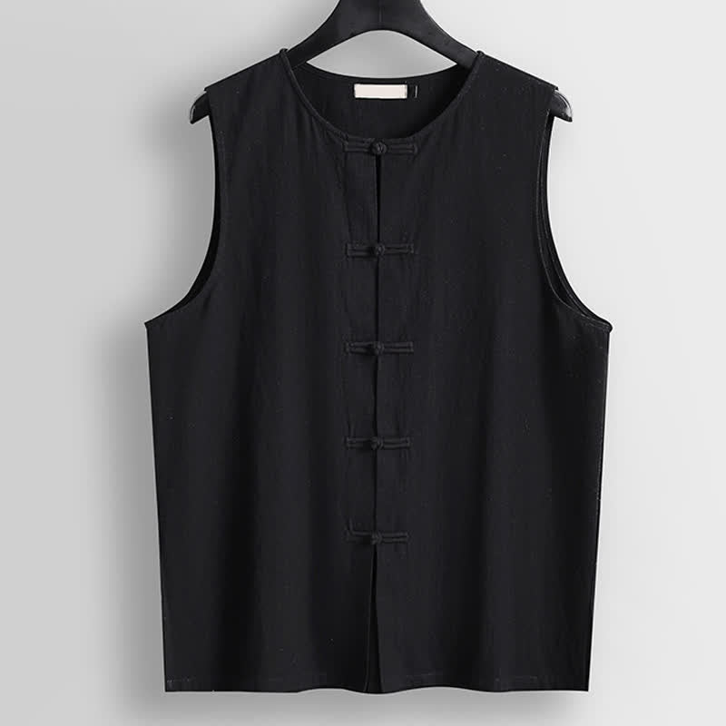 Buddha Stones Retro Frog-Button Crew Neck Men's Cotton Linen Sleeveless Vest - Black - US/UK/AU56,EU66(9XL) - image 9