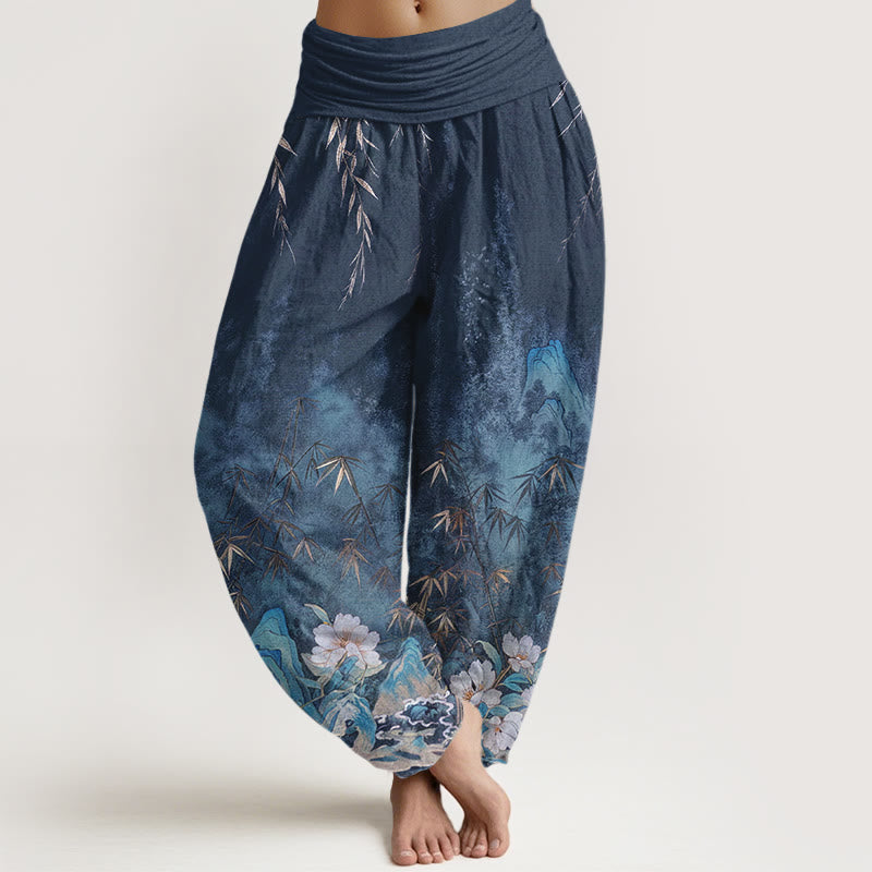Buddha Stones Cotton Natural Landscape Bamboo Flowers Pattern Women's Elastic Waist Harem Pants - SteelBlue - US16,UK/AU20,EU48 (3XL) - image 0