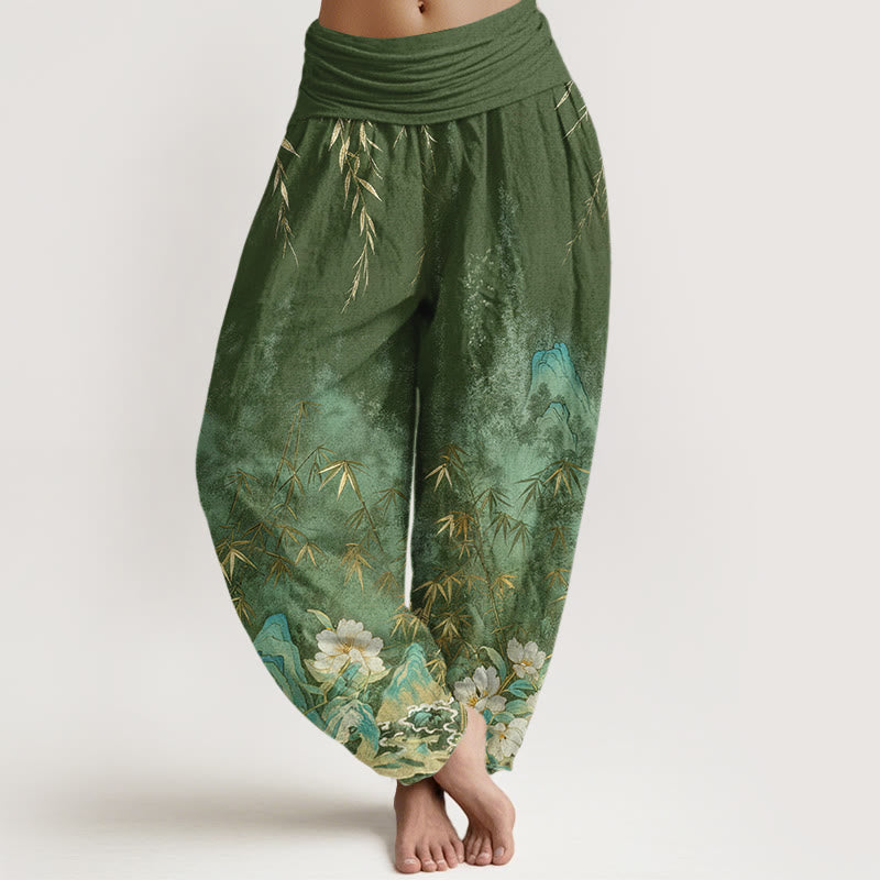 Buddha Stones Cotton Natural Landscape Bamboo Flowers Pattern Women's Elastic Waist Harem Pants - DarkSeaGreen - US16,UK/AU20,EU48 (3XL) - image 5