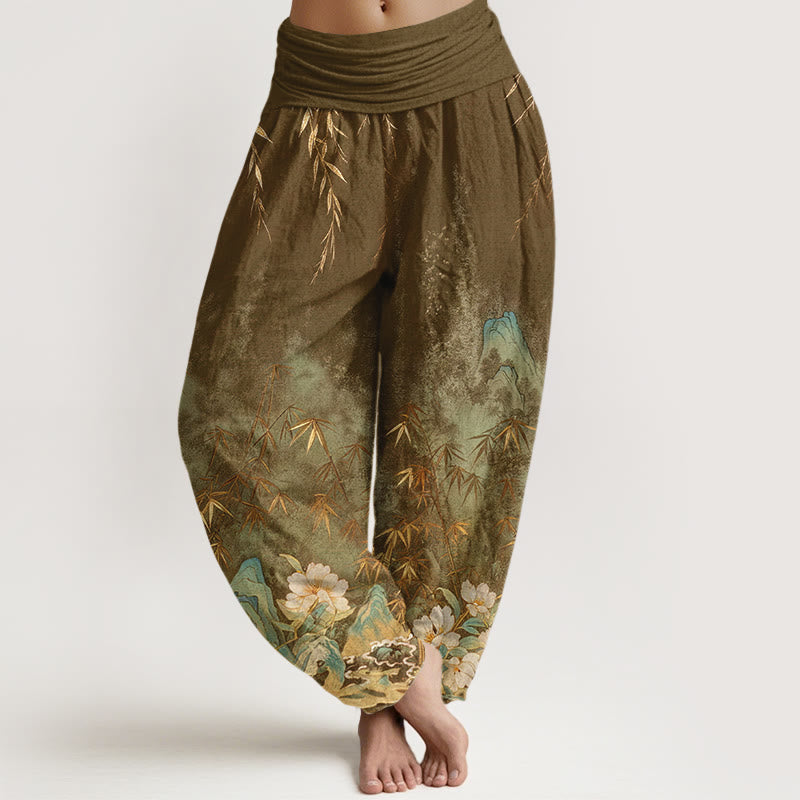 Buddha Stones Cotton Natural Landscape Bamboo Flowers Pattern Women's Elastic Waist Harem Pants - DarkGoldenrod - US16,UK/AU20,EU48 (3XL) - image 8