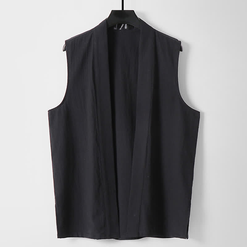 Buddha Stones Spring Pure Color Open Front Design Men's Cotton Linen Sleeveless Kimono - Black - US/UK/AU56,EU66(9XL) - image 10