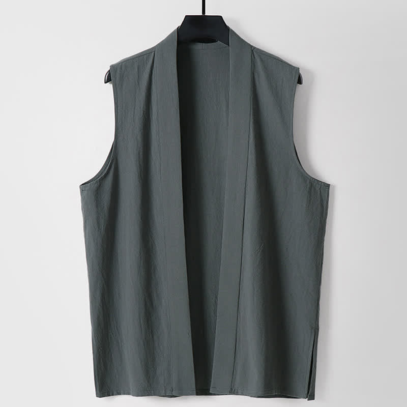 Buddha Stones Spring Pure Color Open Front Design Men's Cotton Linen Sleeveless Kimono - DimGray - US/UK/AU56,EU66(9XL) - image 0