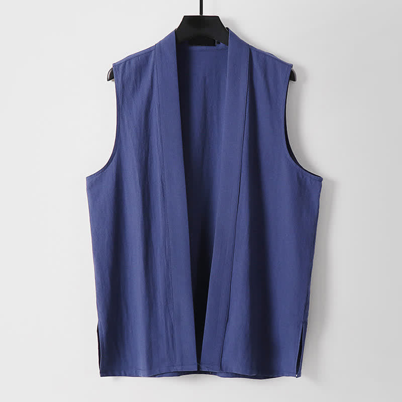 Buddha Stones Spring Pure Color Open Front Design Men's Cotton Linen Sleeveless Kimono - DarkBlue - US/UK/AU56,EU66(9XL) - image 15