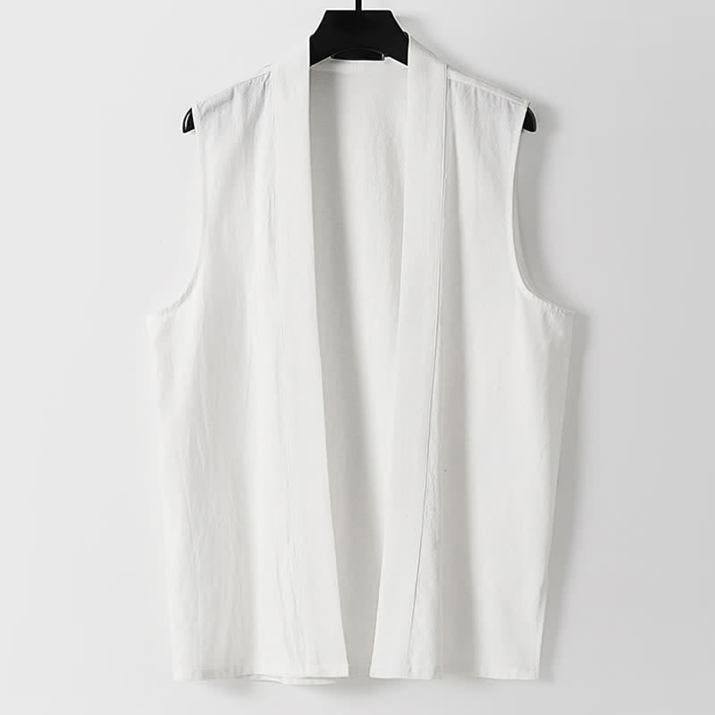 Buddha Stones Spring Pure Color Open Front Design Men's Cotton Linen Sleeveless Kimono - White - US/UK/AU56,EU66(9XL) - image 8