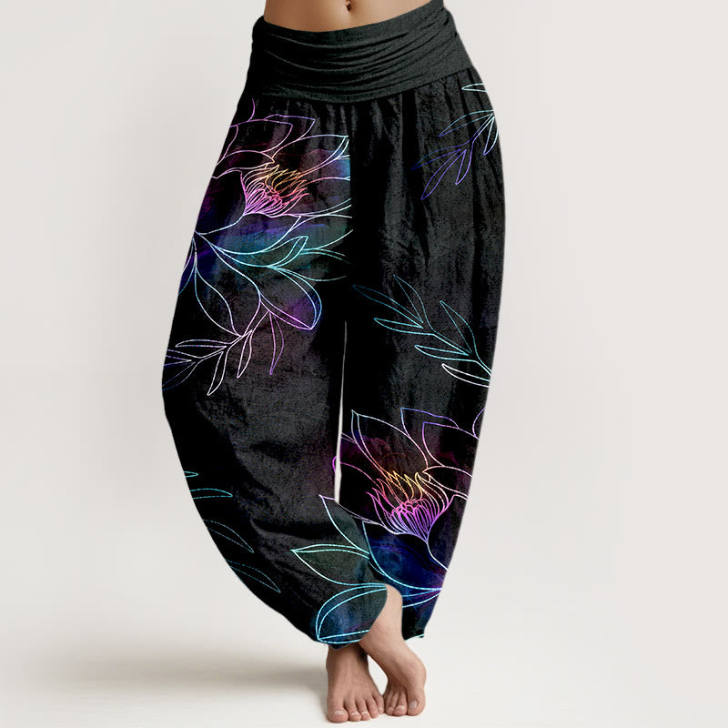 Buddha Stones Cotton Neon Lotus Branches Pattern Women's Elastic Waist Harem Pants - Black - US16,UK/AU20,EU48 (3XL) - image 0