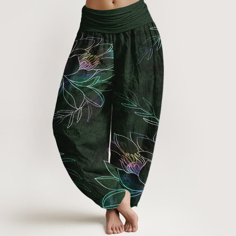 Buddha Stones Cotton Neon Lotus Branches Pattern Women's Elastic Waist Harem Pants - DarkGreen - US16,UK/AU20,EU48 (3XL) - image 8