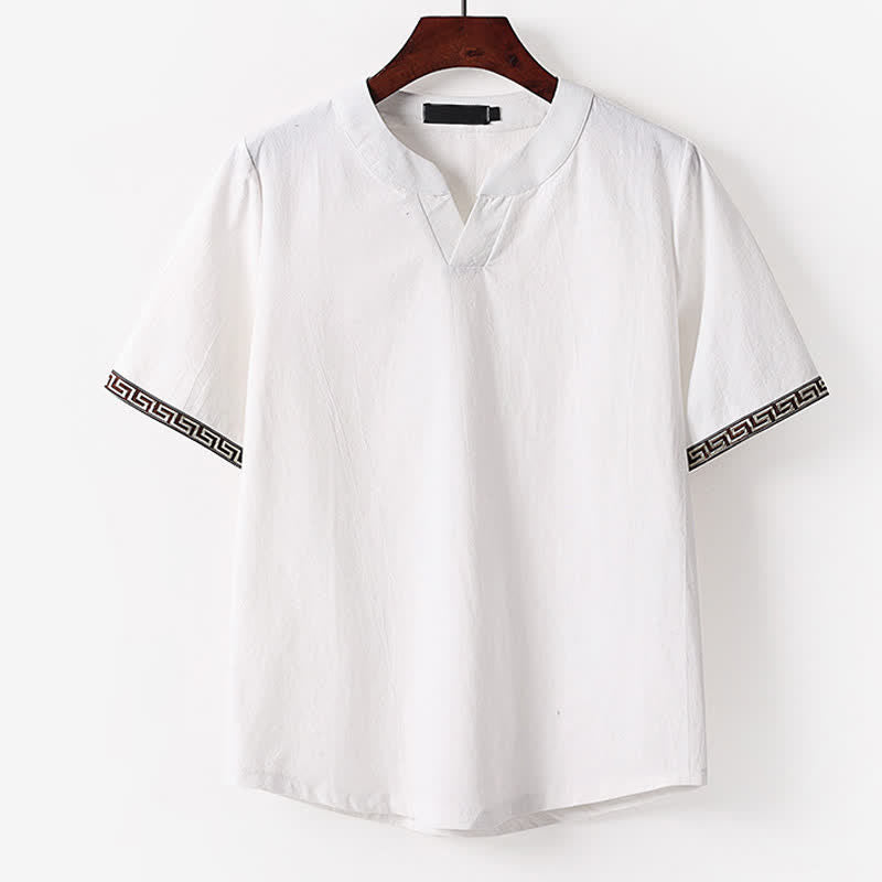 Buddha Stones Summer Embroidered Short Sleeve Notched Collar Men's Cotton Linen T-Shirt - White - US/UK/AU56,EU66(9XL) - image 1
