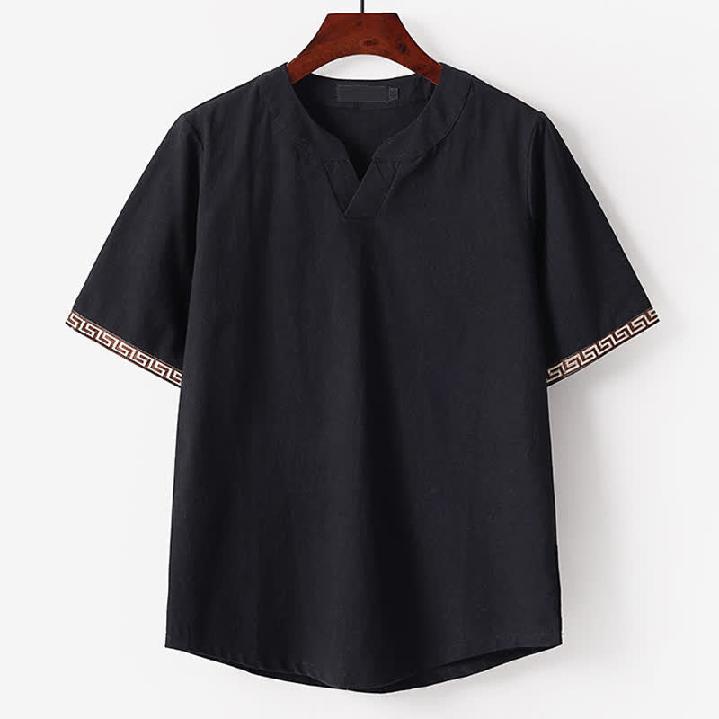Buddha Stones Summer Embroidered Short Sleeve Notched Collar Men's Cotton Linen T-Shirt - Black - US/UK/AU56,EU66(9XL) - image 3