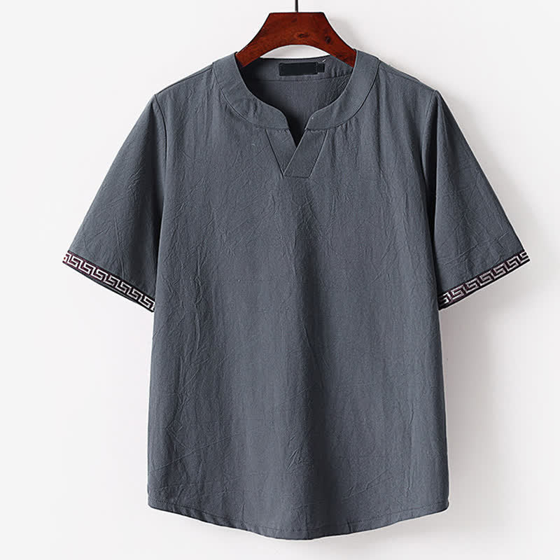 Buddha Stones Summer Embroidered Short Sleeve Notched Collar Men's Cotton Linen T-Shirt - SlateGray - US/UK/AU56,EU66(9XL) - image 2