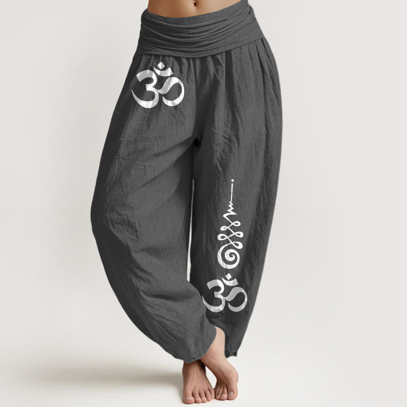Buddha Stones Cotton Calm OM Energy Lines Pattern Women's Elastic Waist Harem Pants - DimGray - US16,UK/AU20,EU48 (3XL) - image 8