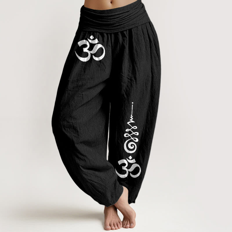 Buddha Stones Cotton Calm OM Energy Lines Pattern Women's Elastic Waist Harem Pants - Black - US16,UK/AU20,EU48 (3XL) - image 0