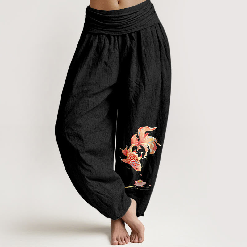 Buddha Stones Cotton Luck Koi Fish Lotus Pattern Women's Elastic Waist Harem Pants - Black - US16,UK/AU20,EU48 (3XL) - image 0