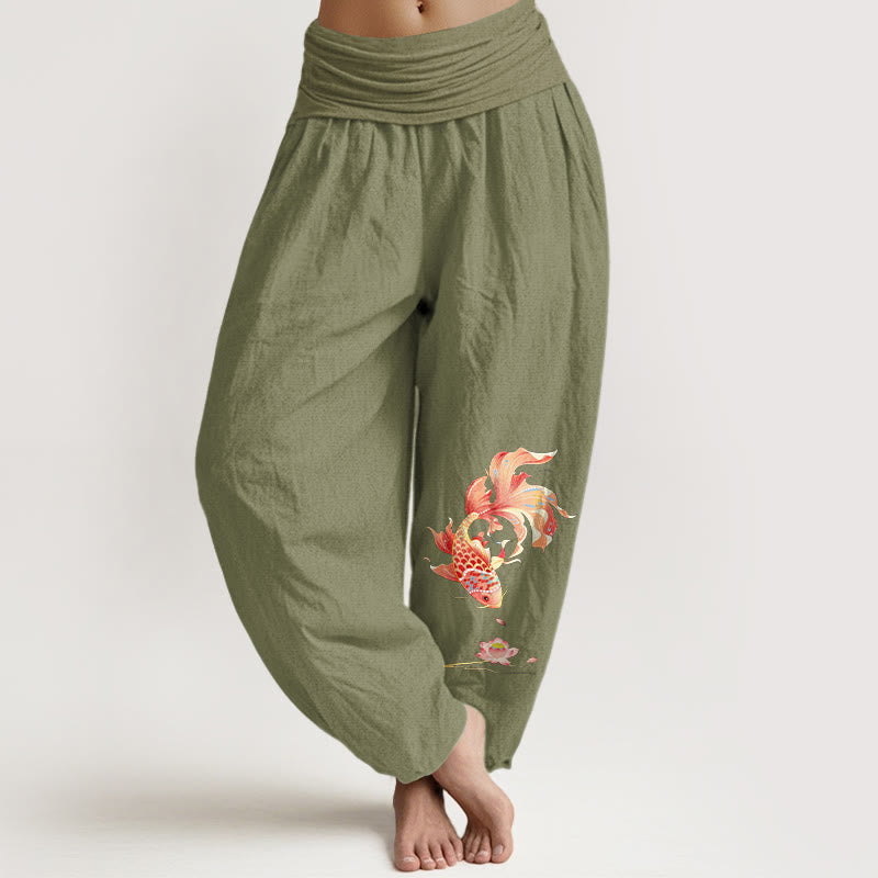 Buddha Stones Cotton Luck Koi Fish Lotus Pattern Women's Elastic Waist Harem Pants - OliveDrab - US16,UK/AU20,EU48 (3XL) - image 14