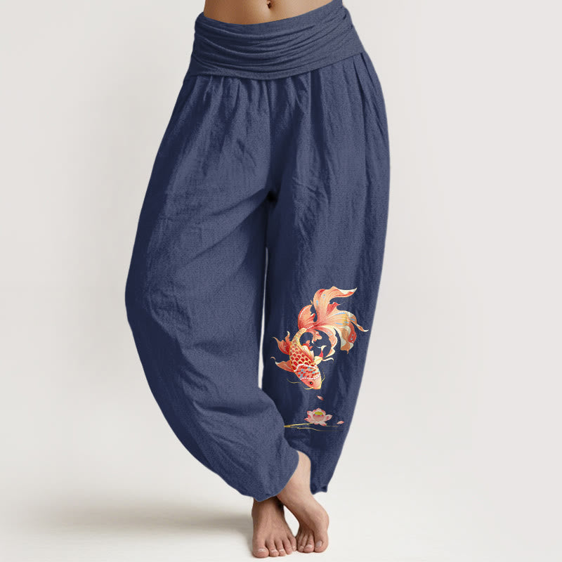 Buddha Stones Cotton Luck Koi Fish Lotus Pattern Women's Elastic Waist Harem Pants - DarkSlateBlue - US16,UK/AU20,EU48 (3XL) - image 5