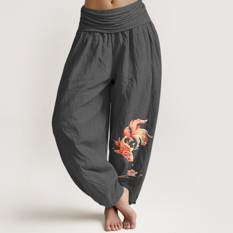 Buddha Stones Cotton Luck Koi Fish Lotus Pattern Women's Elastic Waist Harem Pants - DimGray - US16,UK/AU20,EU48 (3XL) - image 8