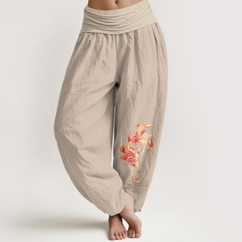 Buddha Stones Cotton Luck Koi Fish Lotus Pattern Women's Elastic Waist Harem Pants - Tan - US16,UK/AU20,EU48 (3XL) - image 11