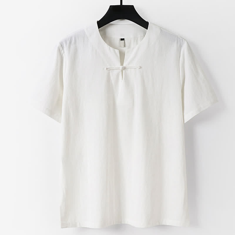 Buddha Stones Solid Color Frog-Button Short Sleeve Notched Collar Men's Cotton Linen T-Shirt - White - US/UK/AU56,EU66(9XL) - image 1