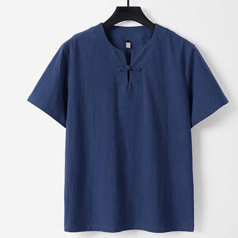 Buddha Stones Solid Color Frog-Button Short Sleeve Notched Collar Men's Cotton Linen T-Shirt - DarkBlue - US/UK/AU56,EU66(9XL) - image 3