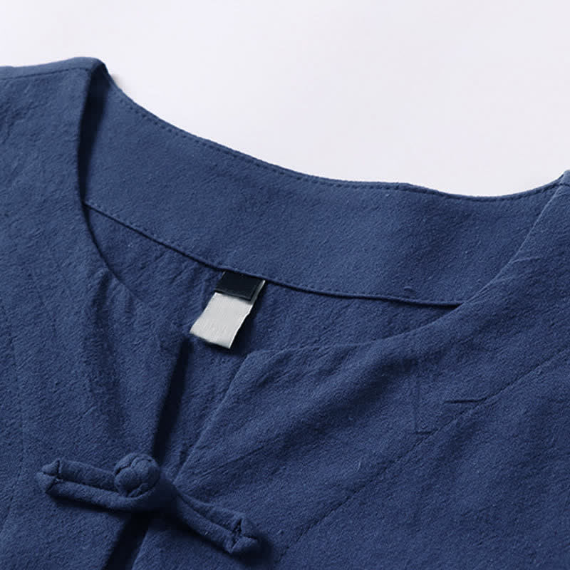 Buddha Stones Solid Color Frog-Button Short Sleeve Notched Collar Men's Cotton Linen T-Shirt - image 5