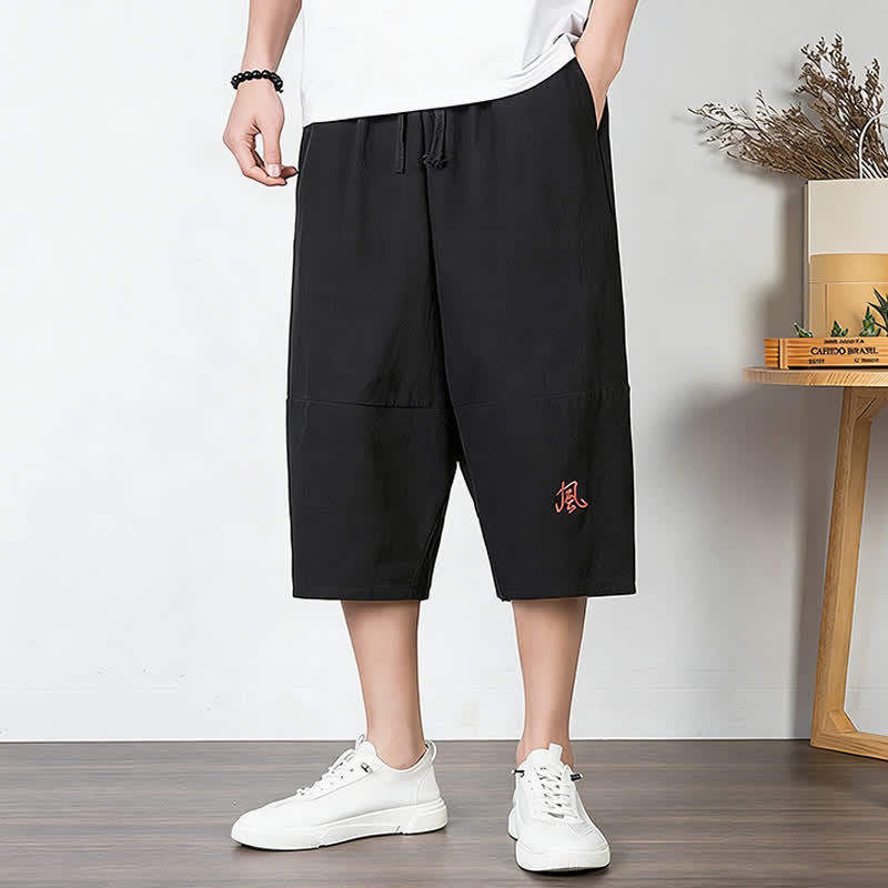 Buddha Stones Plain Drawstring Capri Length Men's Cotton Linen Harem Pants With Pockets - Black - US/UK/AU54,EU64 (9XL) - image 9