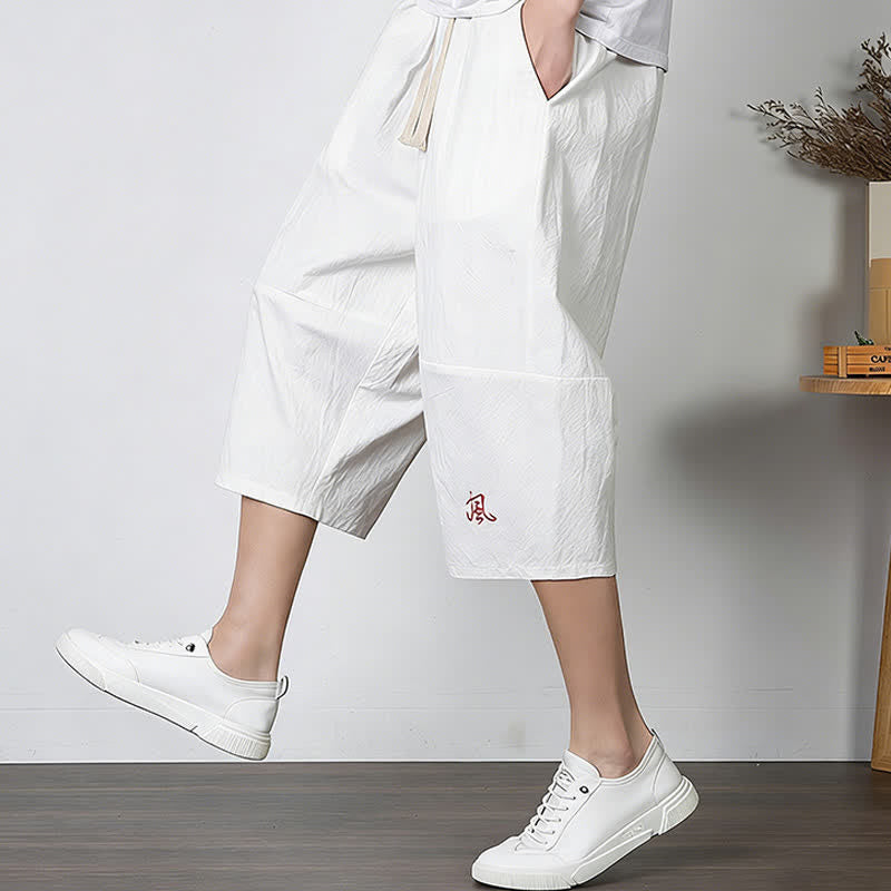 Buddha Stones Plain Drawstring Capri Length Men's Cotton Linen Harem Pants With Pockets - White - US/UK/AU54,EU64 (9XL) - image 6