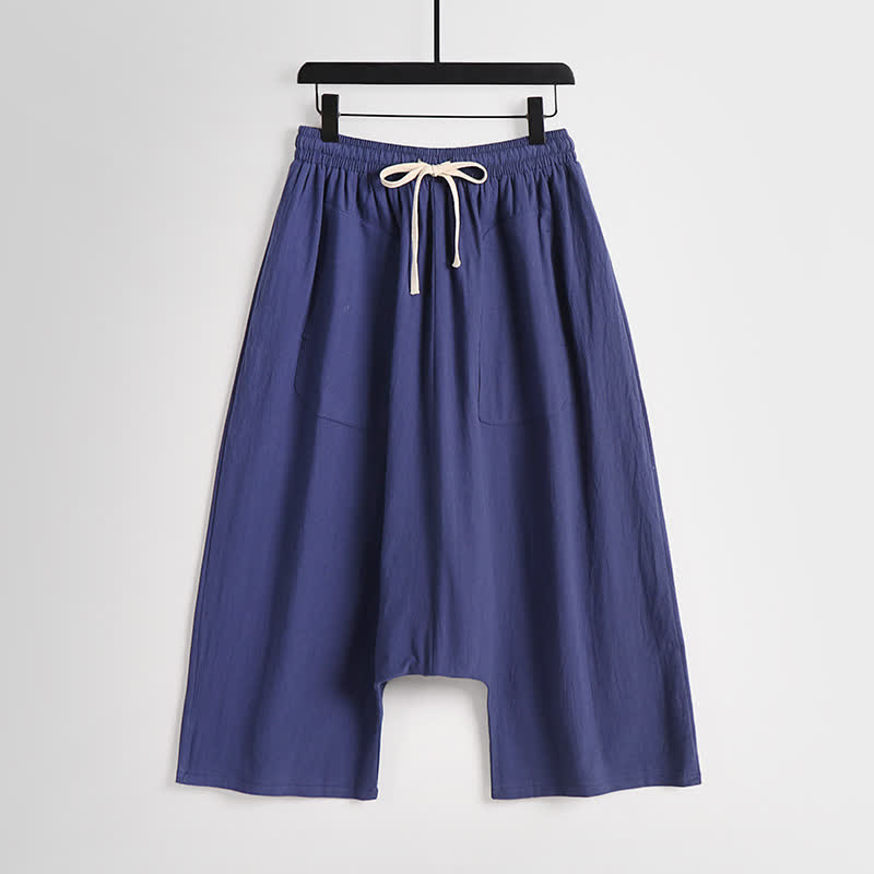 Buddha Stones Plain Drop Crotch Design Cotton Linen Men's Harem 7-8 Length Pants - Indigo - US/UK/AU54,EU64 (9XL) - image 12